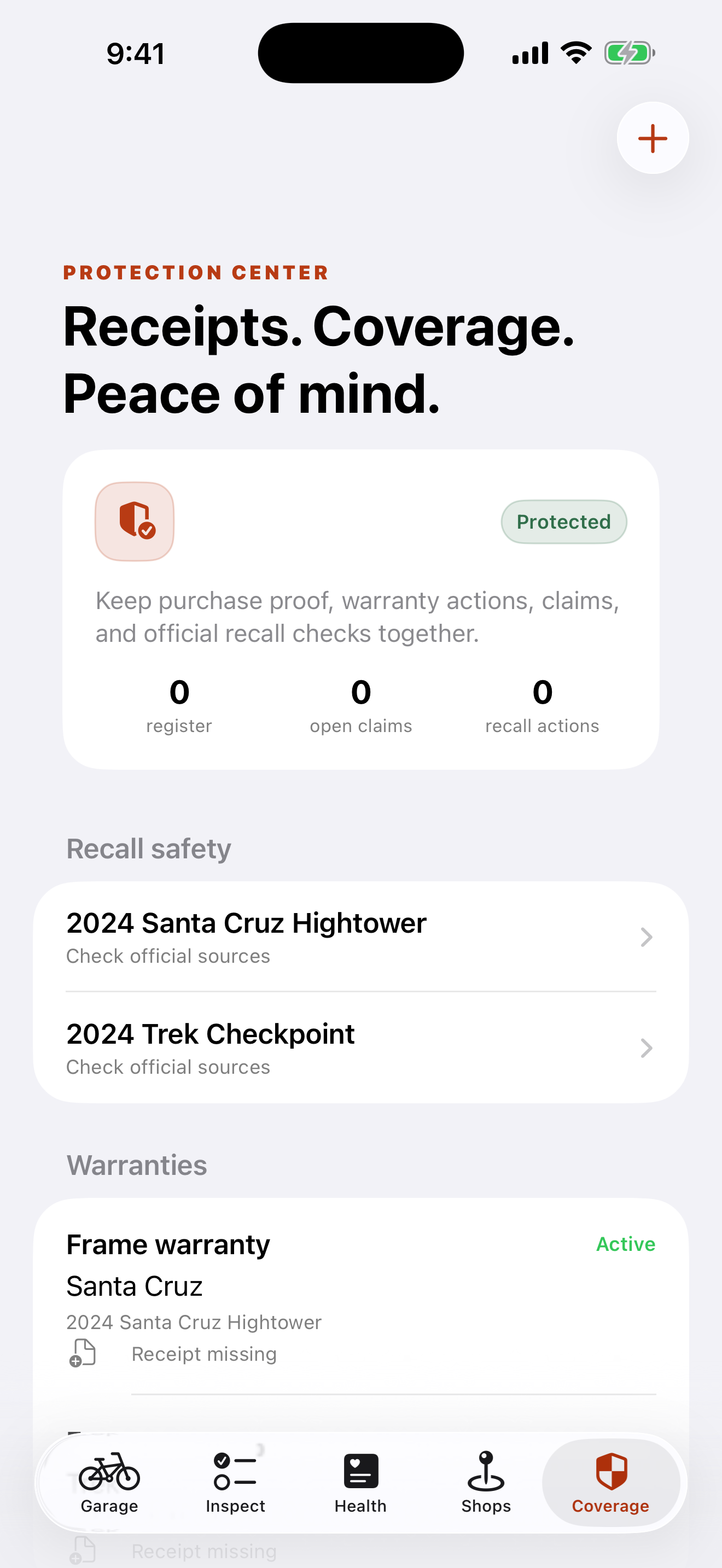 Coverage screen with purchase records, warranties, and recall checks