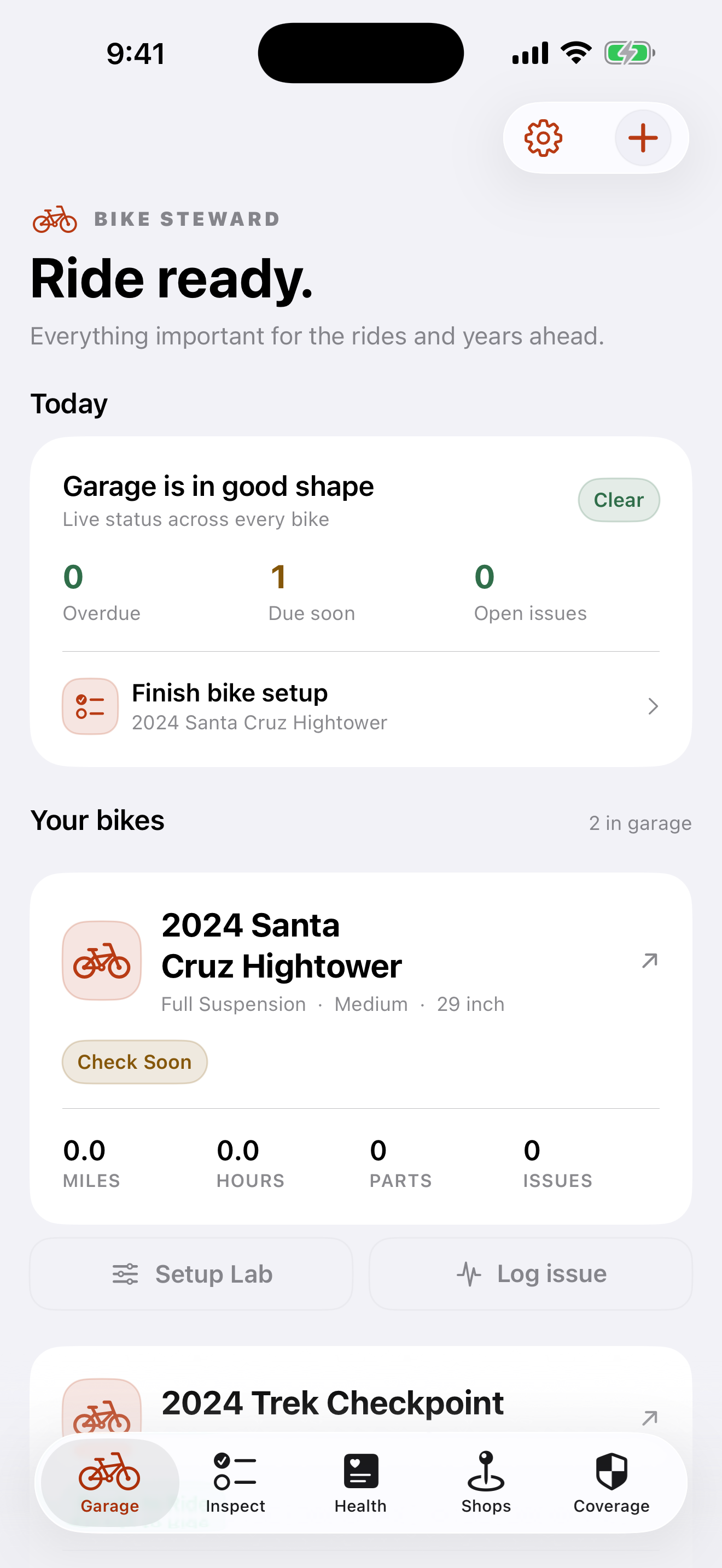 Bike Steward Garage showing bike records, ride readiness, and setup tools
